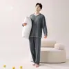 Algodón PuroPijama para Hombre Primavera y Otoño Cuello Redondo Manga Larga Pantalón Largo Adolescente Casual Ropa para el Hogar Conjunto de Dos Piezas