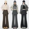 Pantalones acampanados gruesos de cachemira con forro polar para mujer, nuevo estilo otoño/invierno 2026, tiro alto, adelgazantes, efecto dos piezas, que cubren la cadera, pantalones acampanados