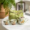 Juego de té de kung fu de cerámica pintado a mano, juego de té para viajes al aire libre, bolsa de almacenamiento, taza exprés para el hogar, juego pequeño portátil de una olla y dos tazas