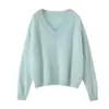 Camiseta base de punto para mujer con mangas raglán, cuello en V simple y versátil, 100% cachemira pura, jersey grueso cepillado
