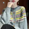 Cardigan de Tricô Fair Isle Feminino Outono Inverno Novo Retrô Jacquard Casaco Suéter Camada Base Quente Espessa Tendência