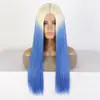 Peruca sintética longa e reta estilo europeu e americano, fibra de alta temperatura, com repartição central e uma pequena lace front, disponível em várias cores