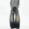 Marca independente Jeans vintage americano com estampa de raio e efeito desgastado, orelhas de gato, para homens e mulheres, silhueta afunilada niche, calça foice lavada