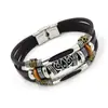 Pulsera de Cuero Tallado Multicapa Estilo Bohemio para Hombre Hebilla de Acero Inoxidable con Cuentas de Aleación Joyería