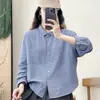 Nueva Camisa de Algodón Otoñal de Doble Capa de Gasa con Cuello a Cuadros para Mujer de Manga Larga Ropa Artística Casual Retro Holgada