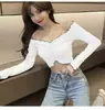Top Curto Europeu e Americano Quente Feminino Spice Girls Manga Longa Nicho Clavícula Off-shoulder Sexy Ombro Exposto Base Apertada Camiseta