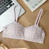 Sutiã Renda Doce Japonês Sem Fio Gola Quadrada Jacquard Xadrez Lingerie Busto Pequeno Push-up Lingerie Confortável para Mulheres