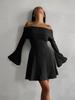 Vestido de Malha com Renda, Acinturado, Sexy, Ombro a Ombro, Manga Sino, Moda Francesa, Saia para Mulheres, Cruzamento Europeu e Americano 2024