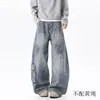 Calça jeans de trabalho patchwork desconstruída de bolso grande para homens, corte reto solto, perna larga curva, estilo American high street, calça da moda