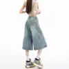 Jeans Crop de Tiro Alto Rectos de Pierna Ancha Holgados Estilo Americano Color Blanco Crudo para Mujer, Diseño Personalizado de Verano, Pantalones de Media Longitud Holgados de Pierna Ancha High Street para Mujer