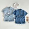 Estilo Ins Verão Novo Estilo Confortável Camisa Jeans Calças de Manga Curta Terno para Meninos e Meninas, Versátil e Tendência Bebê Novo