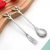 Cuchara y Tenedor con Forma de Hoja de Acero Inoxidable 410, Tenedor de Fruta Creativo, Cuchara para Remover Café, Exquisito Regalo, Cuchara y Tenedor para Postre y Pastel