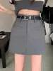 Falda Midi de Traje Gris para Mujer Otoño Cintura Alta Falda Corta Nueva Antiexposición Adelgazante Bodycon Falda Petite A-Line