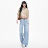 Calça Jeans Wide Leg Azul Claro 2026 Outono Novo Estilo Bolso Duplo Cintura Alta Solta Emagrecedor Versátil Comprimento Total Venda por Atacado