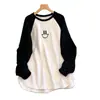 Sudadera Térmica de Forro Polar Talla Grande Otoño e Invierno Holgada Adelgazante Cálida para Mujer, Camiseta Base Bordada de Longitud Media Top de Moda