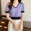 Suéter de punto de manga corta con cuello en U de color contrastante estilo francés retro, camiseta para mujer de verano, ajuste ceñido, top corto de seda helada