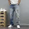 Jeans Rotos y Parcheados de Calle Retro Americano para Hombre, Rectos Ajustados Holgados de Pierna Recta, Pantalones Largos Geniales de Calle, Modernos