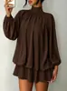 Vestidos de otoño e invierno de manga larga para mujer, comercio exterior transfronterizo europeo y americano, versátiles, modernos, adelgazantes, de color liso, cortos, en stock