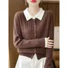 Suéter de punto de color block transfronterizo, nuevo estilo, cárdigan tejido para mujer, cuello polo, venta al por mayor, top corto de contraste de color, tejido de ochos pequeño