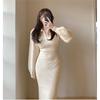 Vestido tubinho de malha elegante com lapela, zíper e cintura elástica, manga morcego e fenda, estilo ins coreano para outono e inverno