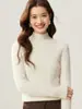 Suéter de cashmere com gola alta meia, tricot jacquard em ponto de espiga, estilo preguiçoso, para mulheres, pulôver de malha sete fios, versátil, afina a silhueta, suéter