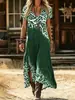 Vestido largo de manga corta estilo exótico talla grande transfronterizo de Amazon para mujer, vestido suelto con cuello en V, estampado étnico y abertura