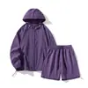 Traje Deportivo Casual de Color Sólido para Exteriores Todo Fósforo Sudadera Fina con Capucha Manga Larga Pantalones Cortos Mitad Conjunto de Dos Piezas Transpirable Fresco