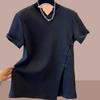 Camiseta de Manga Corta con Botones para Mujer Verano 2025 Talla Grande Asimétrica Chinoiserie Empalmada Bajo con Abertura Top