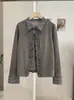 KEKEZOON Blusa de Manga Larga con Cuello Volante y Parches a Cuadros, Estilo Falso de Dos Piezas, Delgado, Solapa, para Superponer 9419