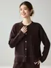 Cárdigan de punto de cachemira acanalado tridimensional para mujer, cuello redondo, mangas largas, corte holgado, casual, versátil, con cordón en la cintura y cierre de botones