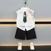 X160 Conjunto de Verão para Meninos Camisa com Gravata Fina Infantil Colete Formal Elegante Duas Peças Roupa de Bebê Moderna