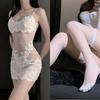 Lingerie Sexy Renda Transparente Camisola Sexy Estilo Irmã Real Pijama com Meia-Calça de Tela Estilo Pura Luxúria Feminina Bordado Verão