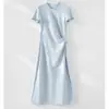 Vestido de manga curta em modal com lavagem de areia para mulheres, toque de alta qualidade, temperamento elegante, elástico, franzido, cintura marcada, vestido longo emagrecedor, verão