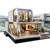 Casa contenedor de doble capa con techo curvo, con terrazas superior e inferior, vista panorámica de cristal, inspirada en el bosque, casa de vacaciones modular de lujo ligero
