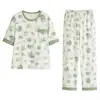 Pijama Redondo de Verano para Mujer, Estampado Floral Fresco Pastoral, Pantalones de Manga Corta, Conjunto de Ropa de Casa Casual para Llevar
