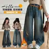 Macacão Jeans de Pelúcia de Gato Estiloso para Meninas Outono/Inverno Nova Moda M/G Infantil Versátil Emagrecedor Macacão Calça Wide Leg