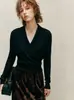 [Experiencia de Lujo] Suéter de punto de lana merino ultrafina, con cuello en V cruzado, simple y elegante para mujer