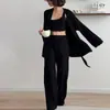 Homewear 2026 Conjunto de Três Peças Amigo da Pele com Bordas Franzidas, Nova Malha para Dormir, Bloqueio de Cores Outono e Inverno Transfronteiriço, Estilo Europeu e Americano Macio