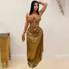 C7491 Moda Europeia e Americana Transfronteiriça Aliexpress Amazon Vestido Bodycon Plissado Sexy com Decote Halter e Corrente Dourada para Mulheres