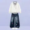 Moda Otoñal para Chicas Casual y Energética Patchwork de Rayas Falso Dos Piezas Sudadera con Capucha Solapa Jeans Conjunto Estilo Academia Tendencia
