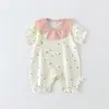 Body de Verão para Bebê Menina Classe A Gola Rendada de Coração Manga Curta Macacão Respirável para Engatinhar Roupa Exterior