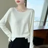 Otoño/Invierno Lana Fina 6% Cuello Redondo Botones Dobladillo Irregular Plisado Corte Ajustado Manga Larga Prenda Base de Punto para Mujer