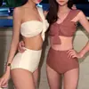 Biquíni Simples Coreano Sexy Ombro Inclinado Push-Up para Seios Pequenos Cintura Alta Uma Alça Cor Sólida Controle de Barriga Emagrecedor Conjunto de Duas Peças para Mulheres