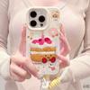 Funda de cuero con dibujos animados de pastel bordado para iPhone 16/15, compatible con Apple 14/13 Pro Max con cordón de 12 pulgadas.