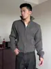 Cardigan Tricô Gola Alta Estilo Retrô Americano Cinza Escuro Masculino Outono Gola Alta Tricô Ombro Direito Jaqueta Curta com Zíper Duplo