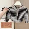 Traje de Otoño para Niña Camiseta a Rayas de Manga Larga Color Café Pantalones Bombachos Estilo Coreano Conjunto de Dos Piezas Transfronterizo