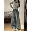 Jeans Scimitar Americano Retrô Desgastado para Mulheres, Calças de Perna Larga Emagrecedoras, Calças Soltas em Forma de Foice Compridas