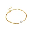 Pulsera de oro de 18 quilates con perla de imitación ovalada, cuentas de oro y cadena de acero inoxidable, ajustable, joyería de mano transfronteriza europea y americana