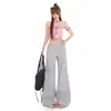 Novas calças casuais cinza claro boca de sino para mulheres, cintura média-baixa, corte solto, fluidas, comprimento até o chão, calças compridas da moda para mulheres, estilo Yichun