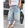 Shorts Jeans Largos Casuais Estilo Americano para Homens, Marca de Moda High Street, Estampa Lavada Vintage, Shorts de Cinco Pontos Oversized Descolados